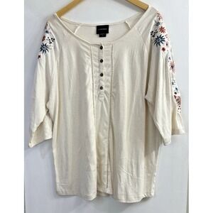 Liv Los Angeles Cream Floral Embroidered Henley Top Plus Size 3X Boho Lace Trim